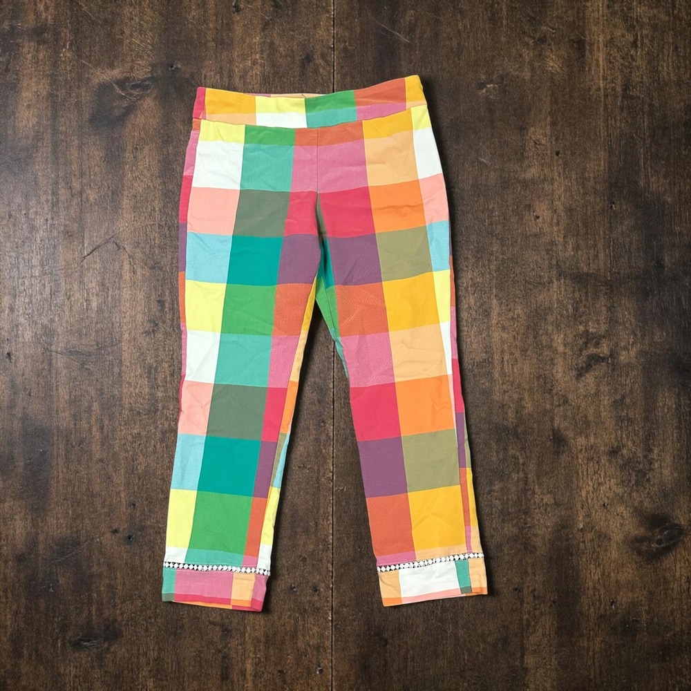 Crown & Ivy Womens Rainbow Gingham Check Cropped Slim Pants Eyelet Trim Size 14
